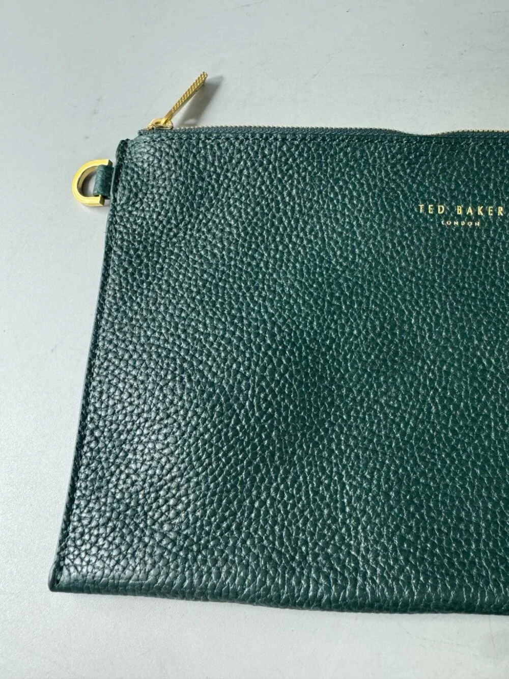 Ted Baker London Solid Green Zip Pouch Gold Hardware Logo Accent